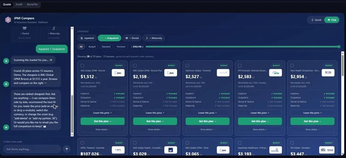 A tour of the platform's components: the quote engine's ranked 28-plan comparison, Nomi live on a broker's own website, the CRM pipeline board, Sage the ops manager inside the CRM and on WhatsApp, the group-quote row-by-row review, per-stage automations, and the Policy Hub dashboard.