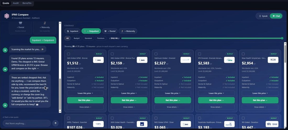 The quote runner pricing the market. Insurer logos — Cigna, Allianz, Bupa, AXA, VUMI and more — confirm one by one against a live countdown, then the ranked comparison appears: 28 plans across 13 insurers, cheapest first.